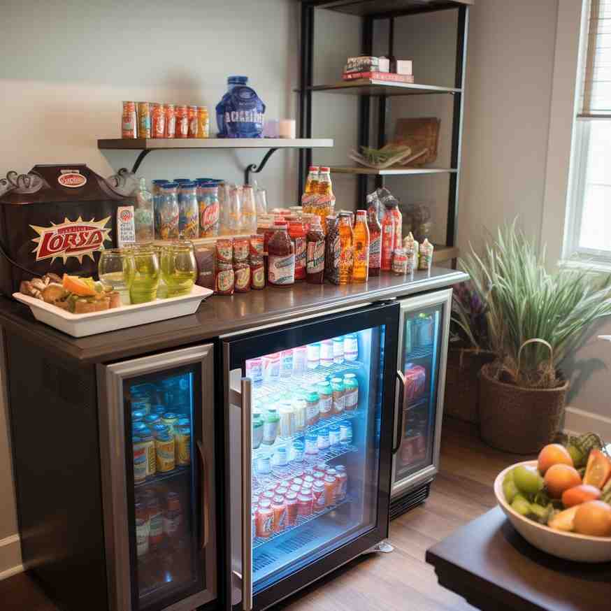 Mini snack bar area with mini fridge for gaming room