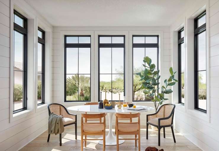Black framed multi pane grid window for dining room
