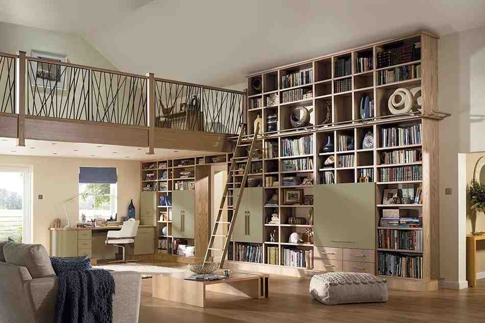 Multipurpose living room with a loft and a wall mounted library