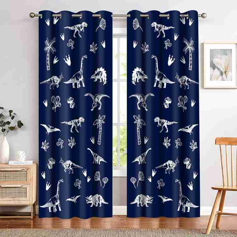 Navy blue curtains and white dinosaur printed on it