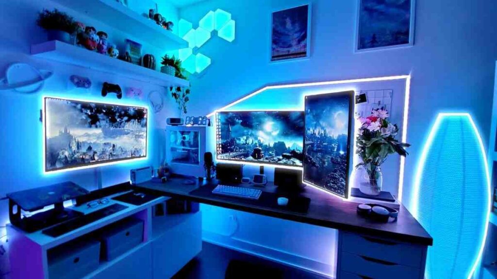White ED light behind the PC and light blue around the room