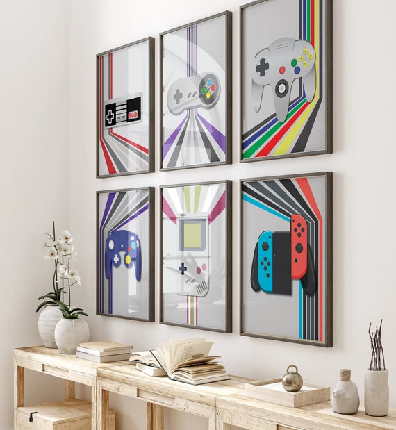 Nintendo controllers paintings hung on wall