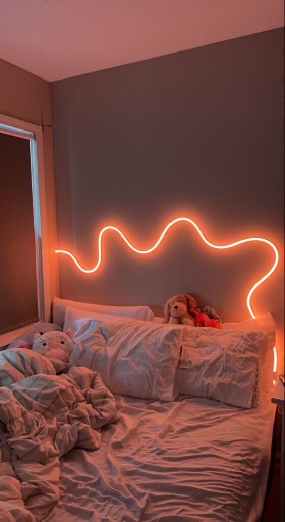 Bed headboard made with orange LED lights