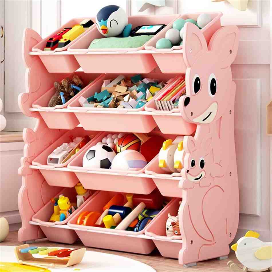 Fox shape pink colored open storage cabinet for kids toys