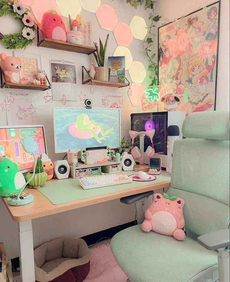 Mint green chair and table matte and soft pink accent throughout the room