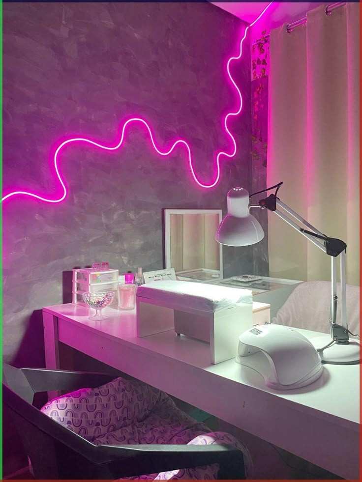 Pink strip light o wall for nail salon