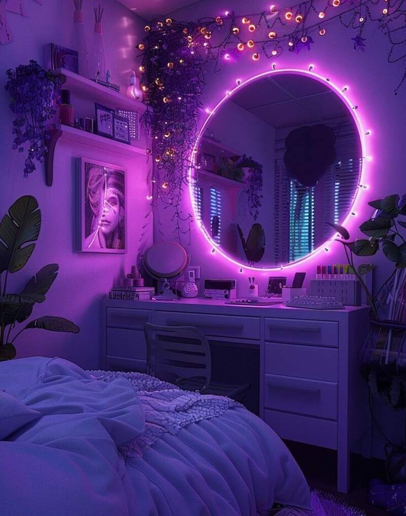 Purple lights behind the round mirror
