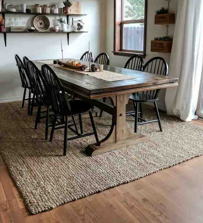 Jute rug under the table and metal black chair for the dining room