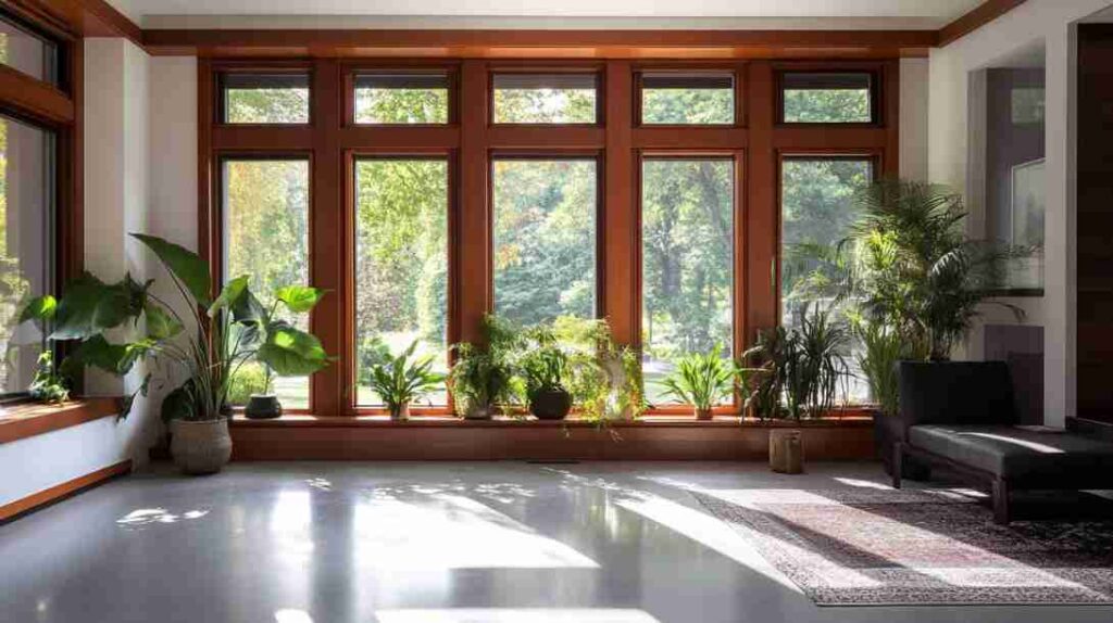 Floor to ceiling wooden picture window in a living room