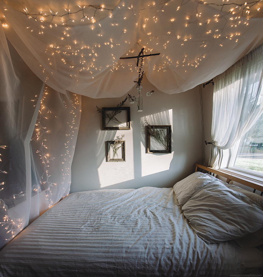Bed canopy made with fairy lights