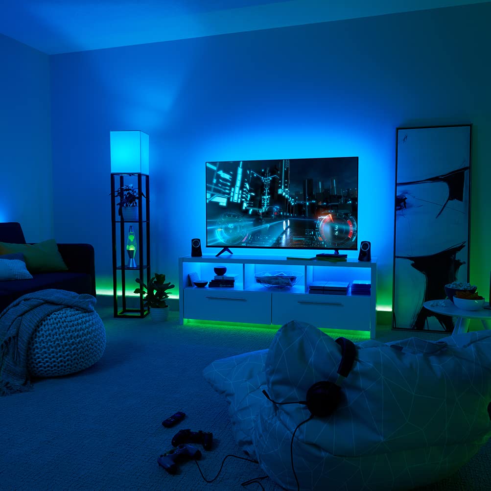 Blue light strips behind the TV unit