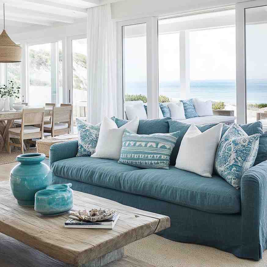 Patterned teal turquoise pillows on a sofa
