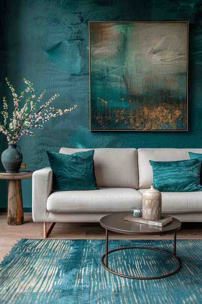 Teal turquoise wall aginst cream sofa in a living room