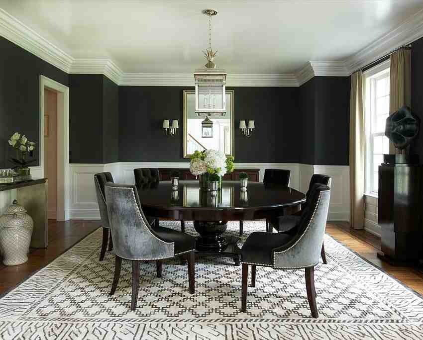 Black and white two toned wall for the dark wood floor dining room