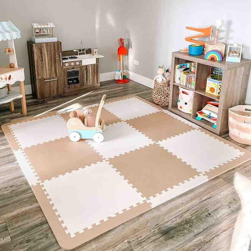 Two toned floor pads and wooden storage cabinet around the room