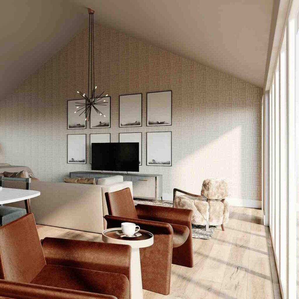Cream colored wallpaper for the accent wall in a living room