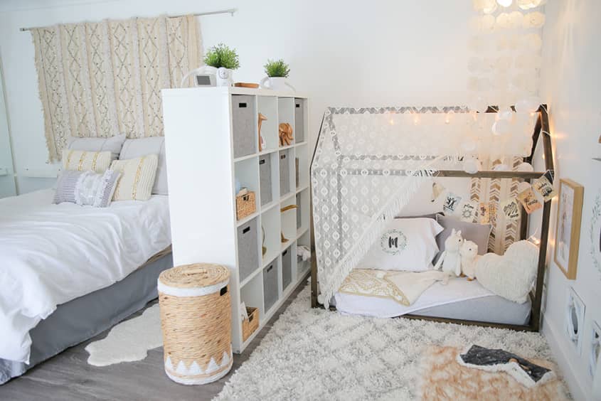 White and beige color scheme for baby and parent sharing room