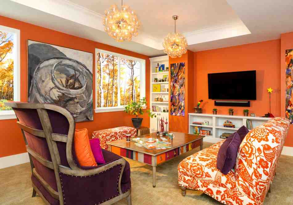 Orange wall and white ceiling and white plus orange color furniture for game room