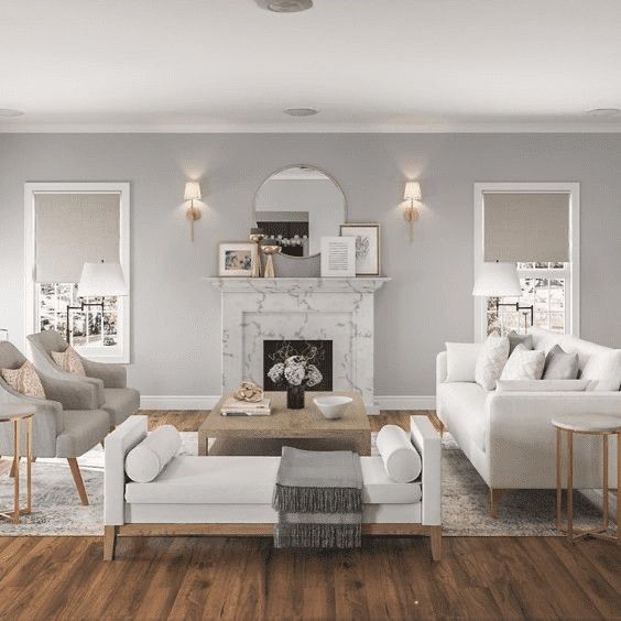 White and brown colored living room and a wooden framed bench