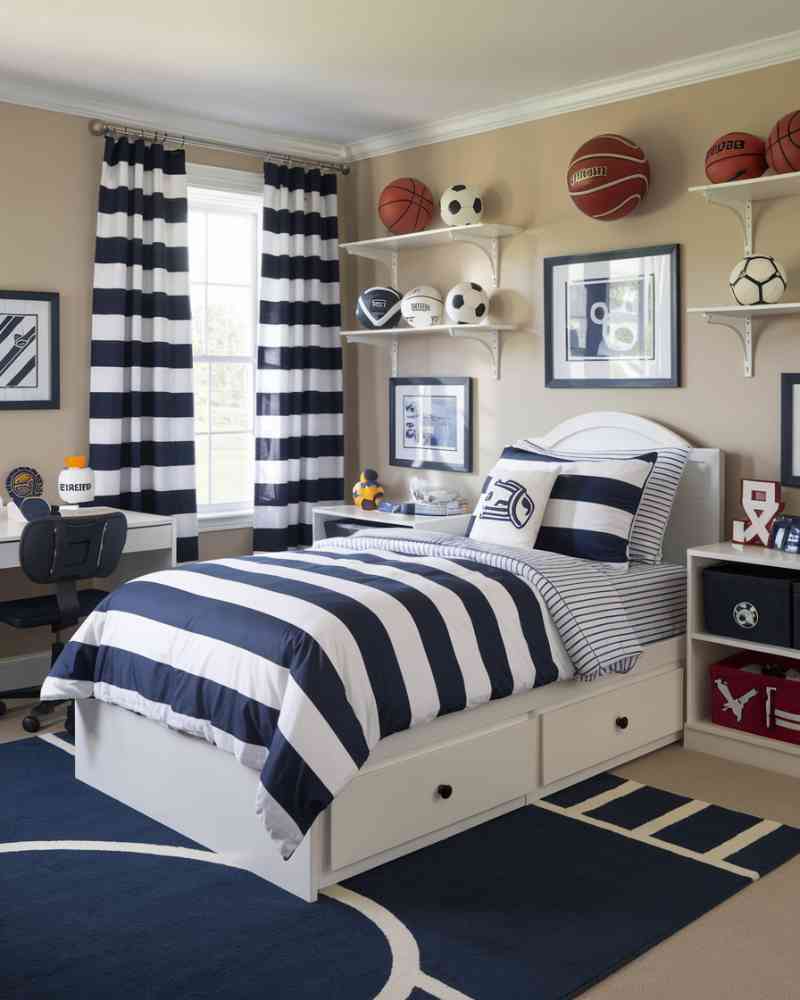 Blue, and white stripped theme for soccer bedroom