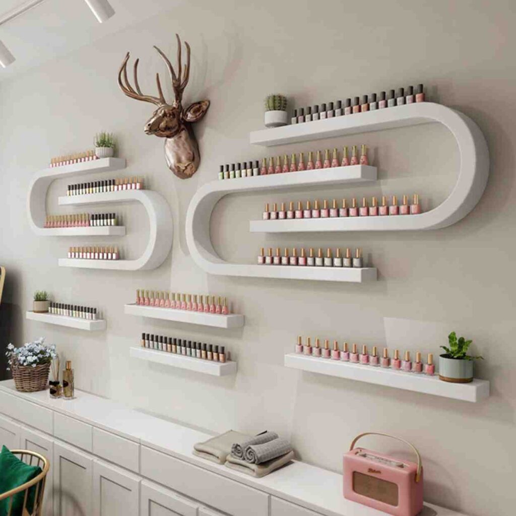 White curved floating shelves on wall