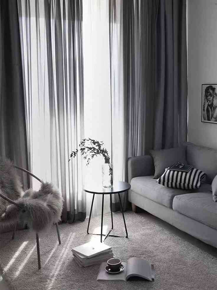 White sheer and dark grey curtains for living room windows
