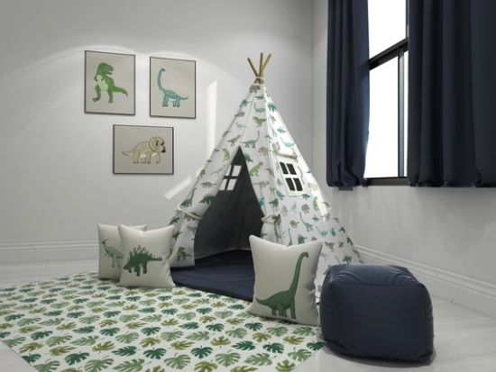 White play tent and green color dino printed on it
