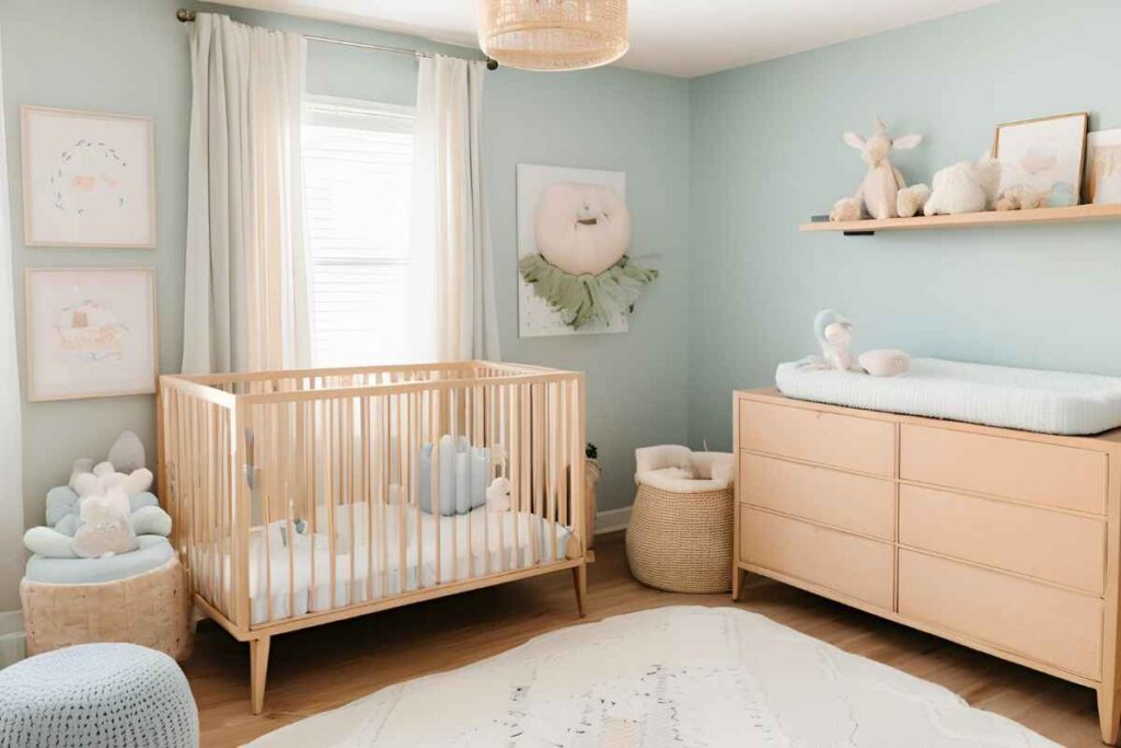 Mint green color and wooden furniture for the neutral look for the room