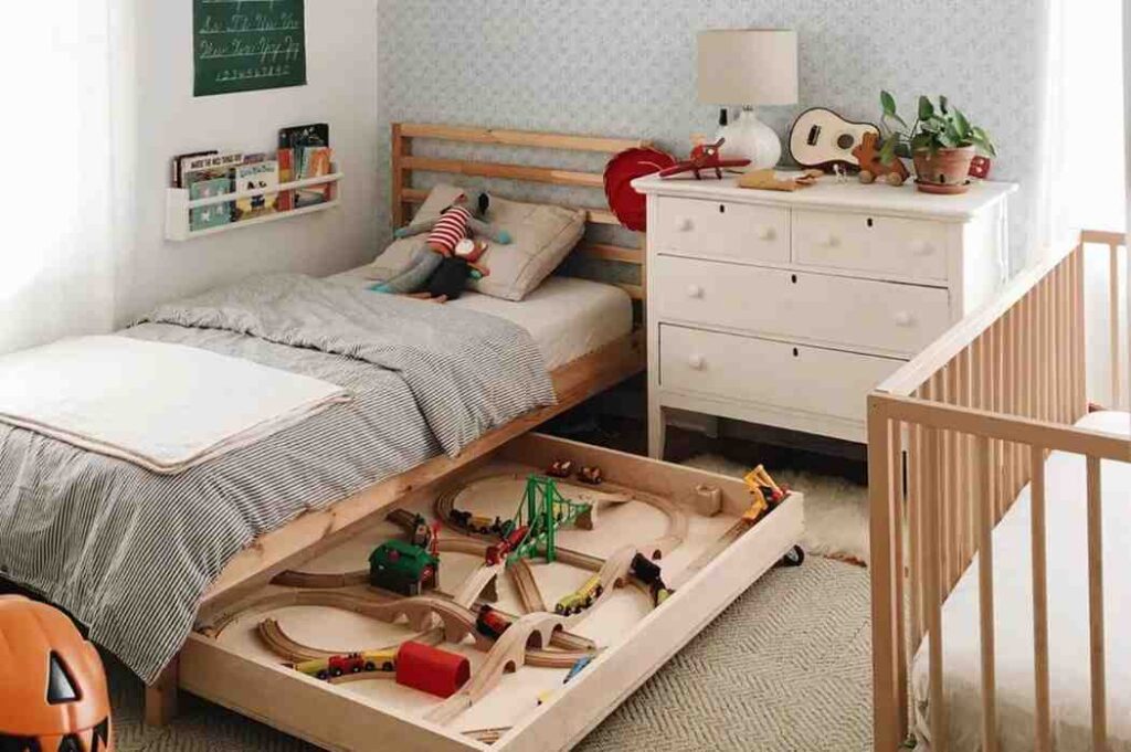 Wooden bed frame and storage underneath it