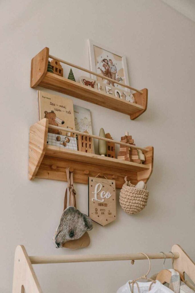 Floating wooden shelves with some item in it