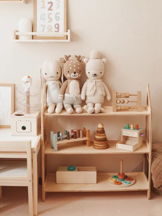 Wooden toys and cabinet for a toddler