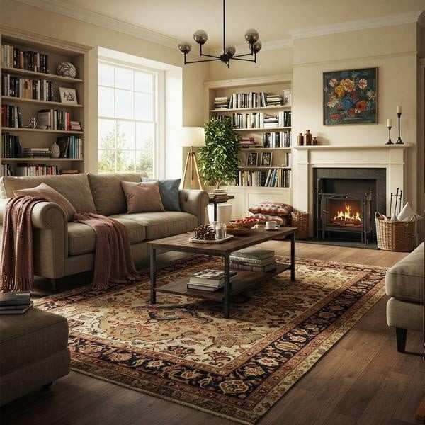 beige carpet with multi color design on it with a black and brown table and a grey sofa for the vintage living room