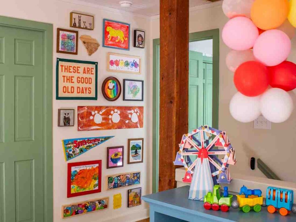 colorful gallery wall for the playroom for creativity