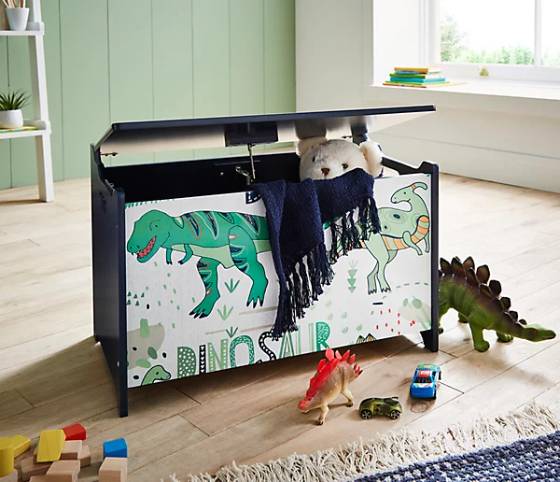 A white and black dino cartoon made storage bin for kids room