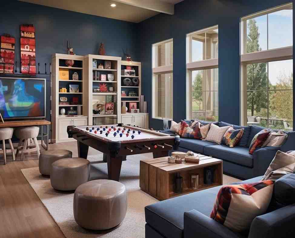 Foosball table and seating area for cards game