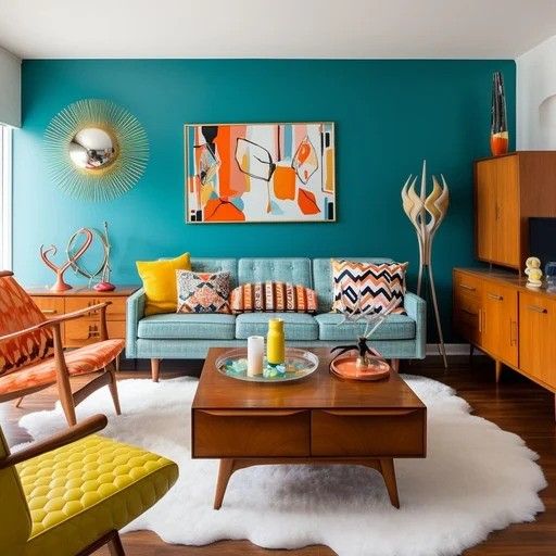 A wooden center table and side cabinet against teal turquoise accent in a living room