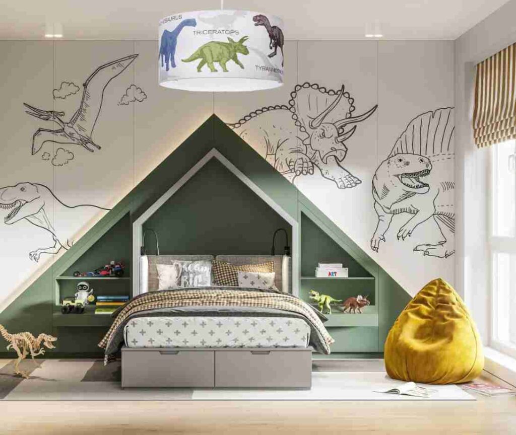 Green triangle shape above the bed and white on wall for the color theme of dinosaur room