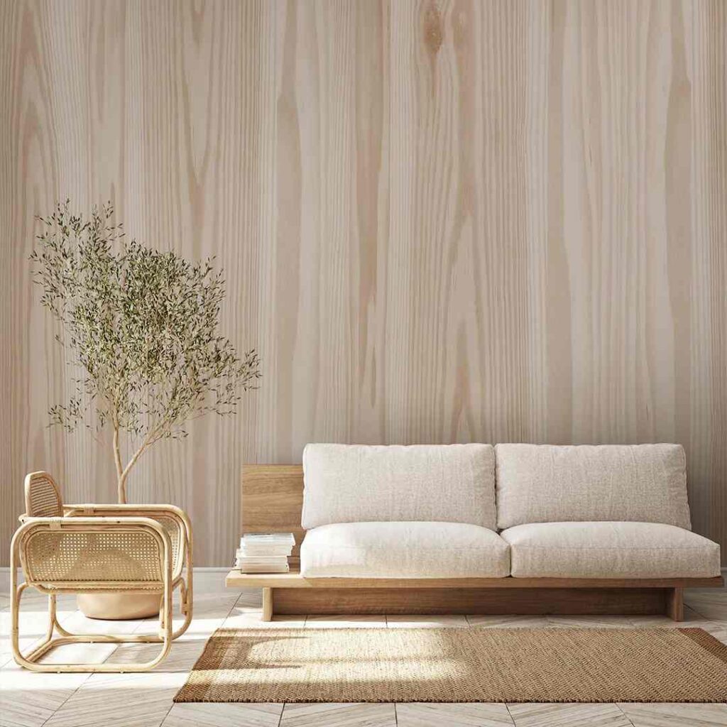 A bamboo chair and a wooden frame sofa with a wooden wall
