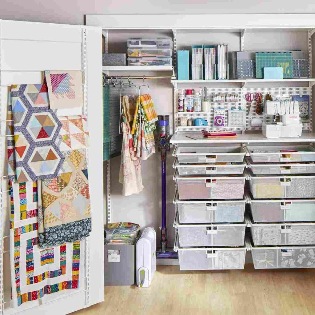 A cabinet and storage for sewing item and drawers with labels on them