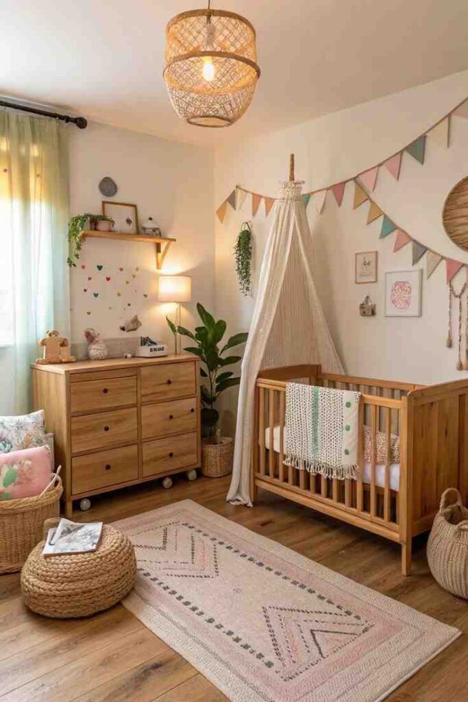 A boho cream color rug and wooden cabinet with a crib and a canopy above it for the baby and toddler room 