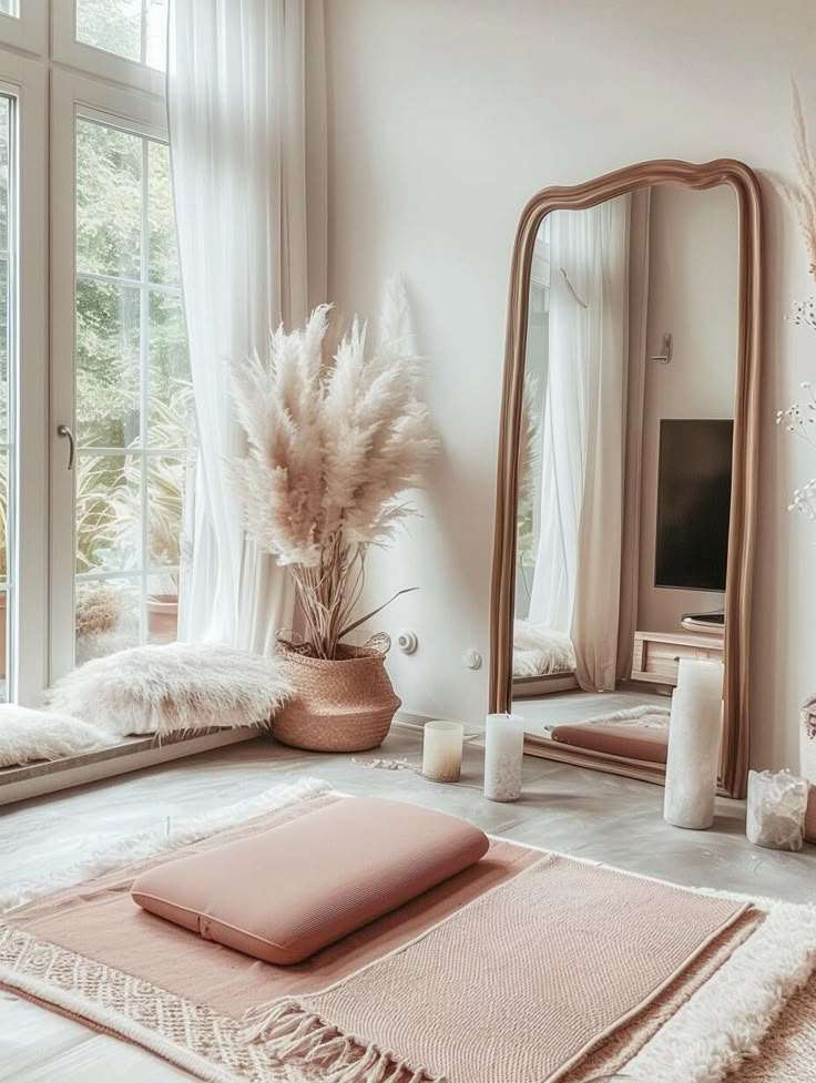A golden frame floor mirror in yoga room with a rattan basket with plant in it