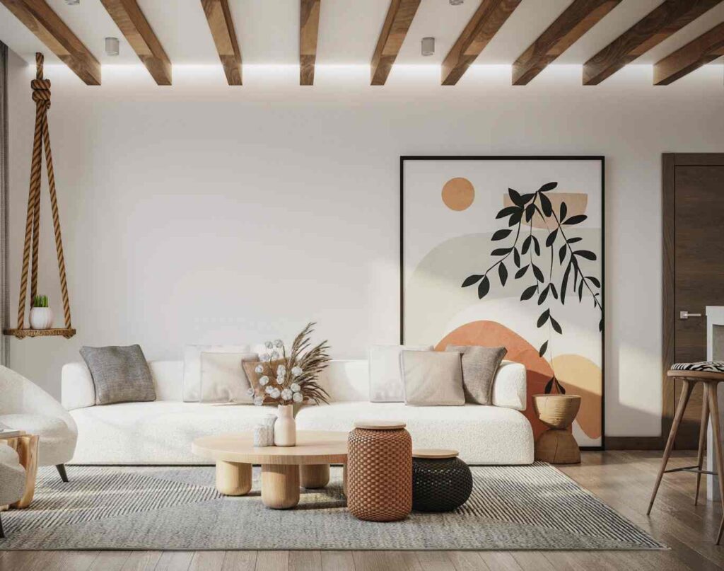 A floor standing painting and wooden exposed beams with white sofa 