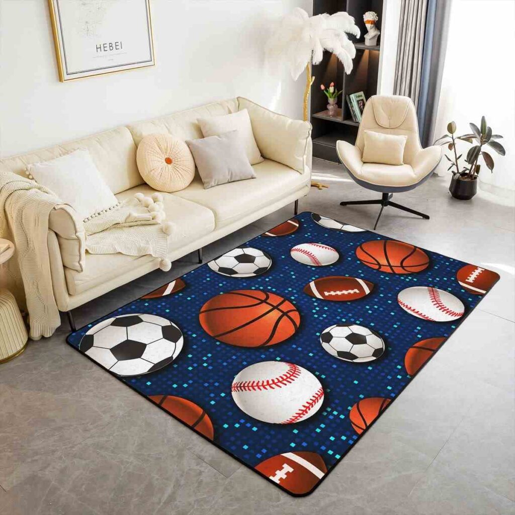 A white sofa and chair with a basket and football theme rug