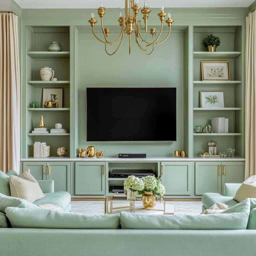 Green built-in shelves and a golden pendant light and a TV on wall