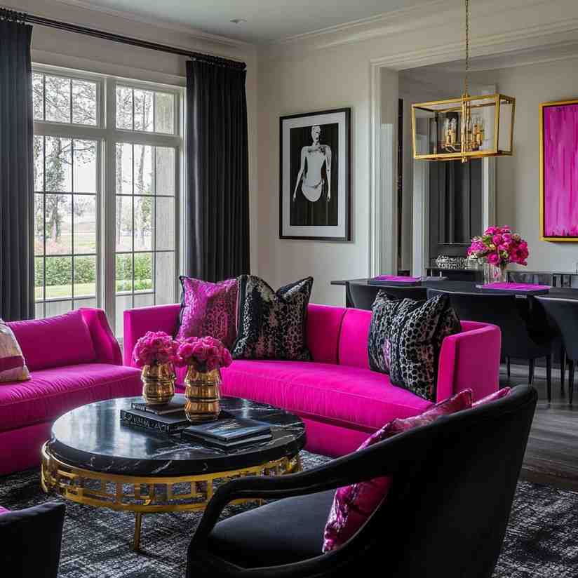 A living room-where hot pink meets sleek black for the bold look