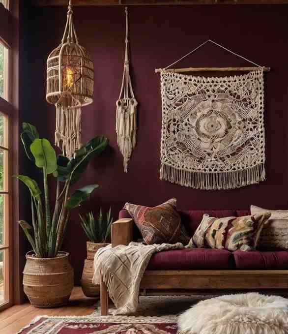 Wooden frame burgundy sofa and a macrame hanging above it