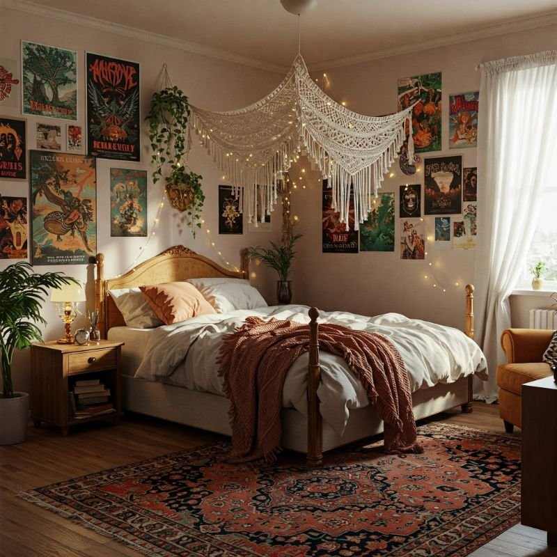A macrame hanging from ceiling and a wooden bed frame with some posters on wall