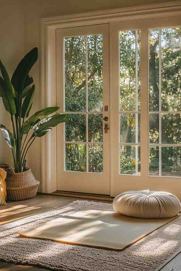A plant in corner of the room and a yoga mat