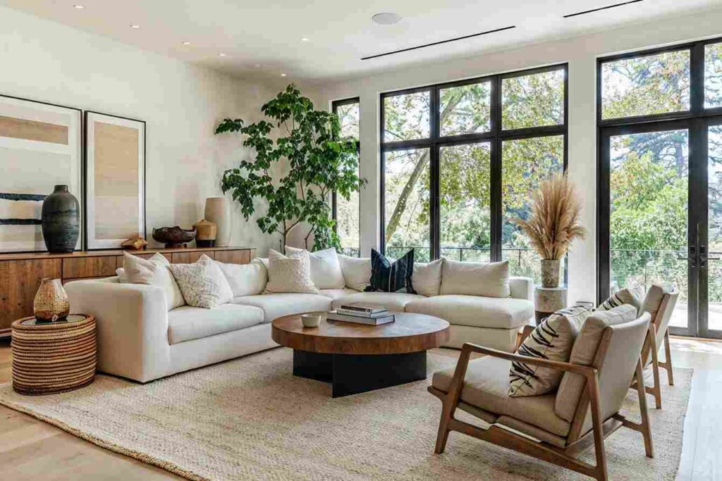 A plant in the corner of the room and white cloud sofa 