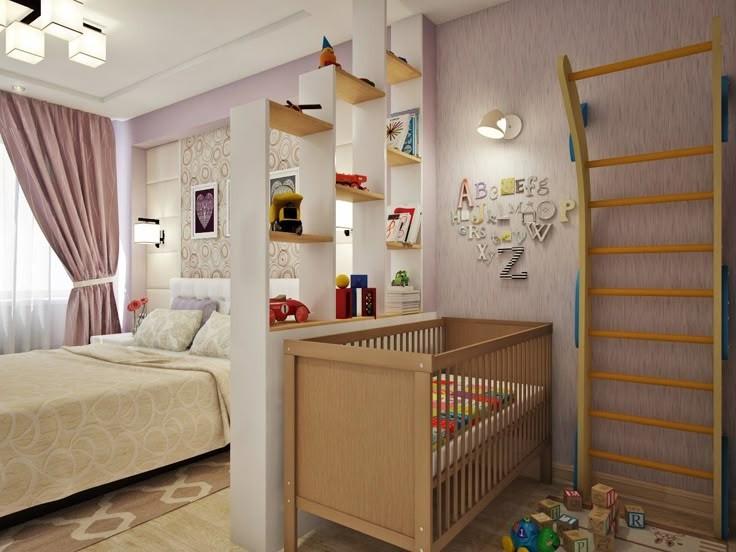 A white shelve dividing crib and bed for the room 
